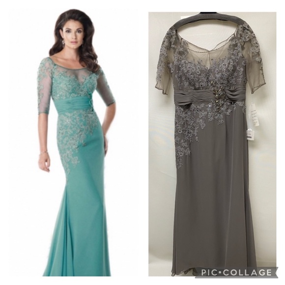 Montage by MonCheri georgette hand Beaded Bodice illusion elbow length gown
